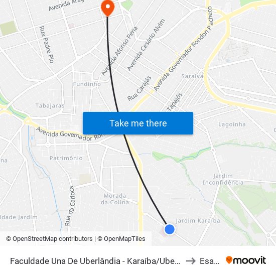 Faculdade Una De Uberlândia -  Karaíba/Ubershopping to Esamc map