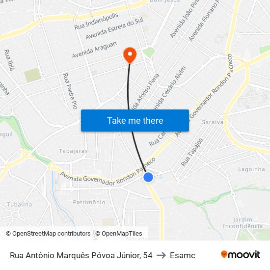 Rua Antônio Marquês Póvoa Júnior, 54 to Esamc map