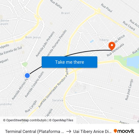 Terminal Central (Plataforma E1 - Laranja) to Uai Tibery Anice Dib Jatene map