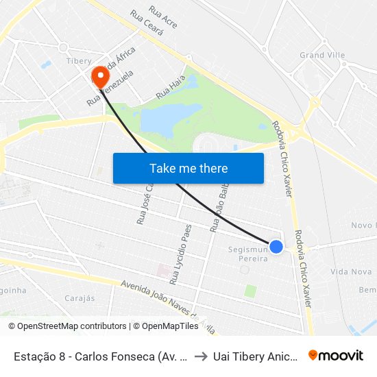 Estação 8 - Carlos Fonseca (Av. Segismundo Pereira) to Uai Tibery Anice Dib Jatene map