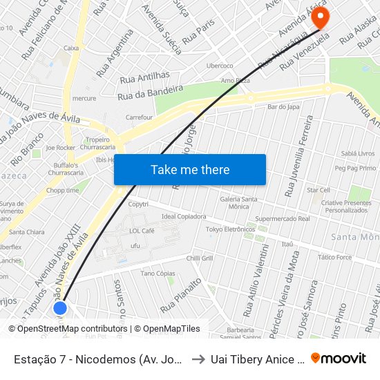 Estação 7 - Nicodemos (Av. João Naves De Ávila) to Uai Tibery Anice Dib Jatene map