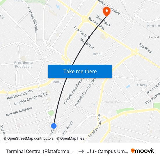 Terminal Central (Plataforma E1 - Laranja) to Ufu - Campus Umuarama map