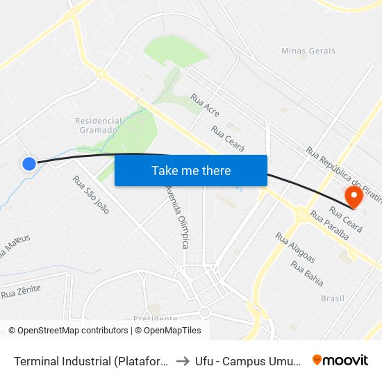 Terminal Industrial (Plataforma A2) to Ufu - Campus Umuarama map