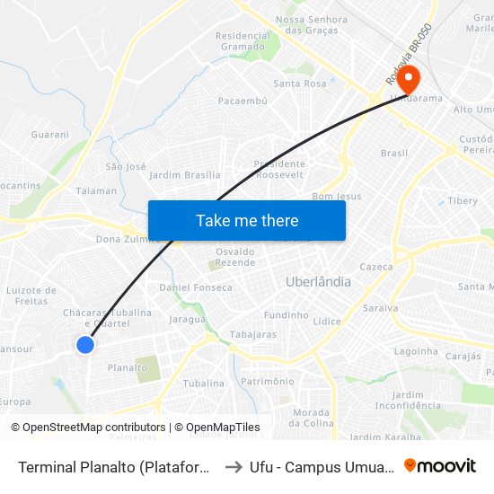 Terminal Planalto (Plataforma A2) to Ufu - Campus Umuarama map