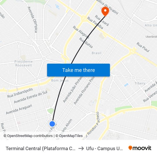 Terminal Central (Plataforma C1 - Vermelho) to Ufu - Campus Umuarama map