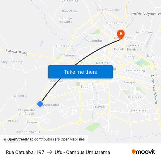 Rua Catuaba, 197 to Ufu - Campus Umuarama map
