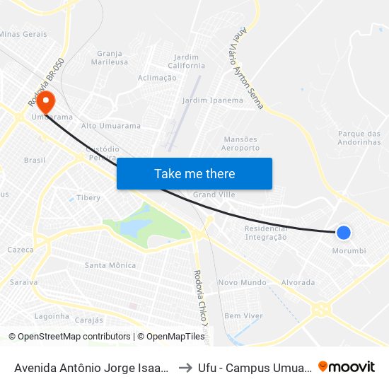 Avenida Antônio Jorge Isaac, 1141 to Ufu - Campus Umuarama map