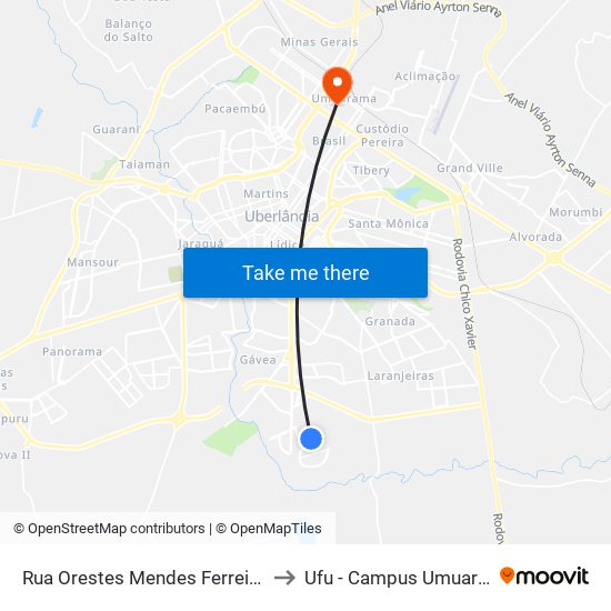 Rua Orestes Mendes Ferreira, 40 to Ufu - Campus Umuarama map