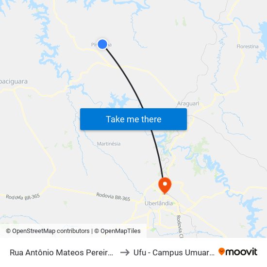 Rua Antônio Mateos Pereira, 182 to Ufu - Campus Umuarama map