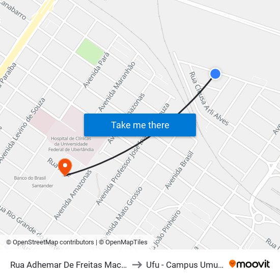 Rua Adhemar De Freitas Macedo, 188 to Ufu - Campus Umuarama map