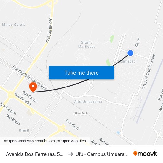 Avenida Dos Ferreiras, 530 to Ufu - Campus Umuarama map