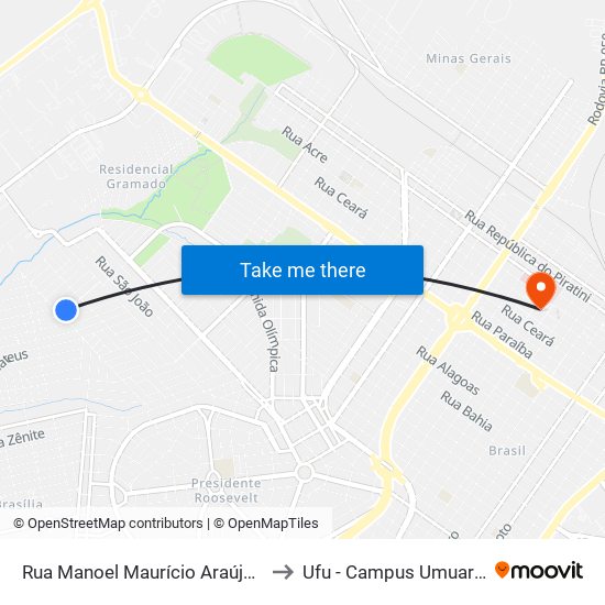 Rua Manoel Maurício Araújo, 352 to Ufu - Campus Umuarama map