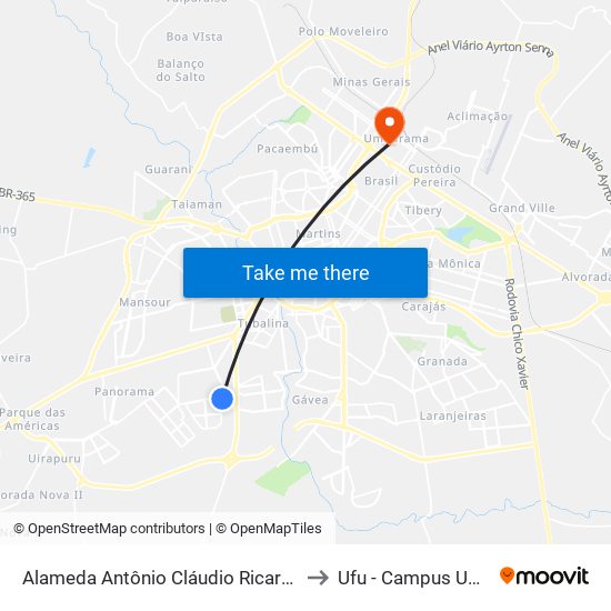 Alameda Antônio Cláudio Ricardo Souza, 220 to Ufu - Campus Umuarama map