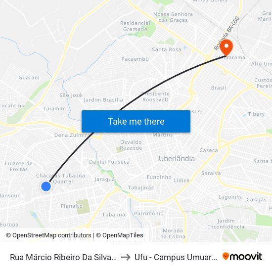 Rua Márcio Ribeiro Da Silva, 280 to Ufu - Campus Umuarama map