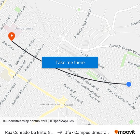Rua Conrado De Brito, 850 to Ufu - Campus Umuarama map