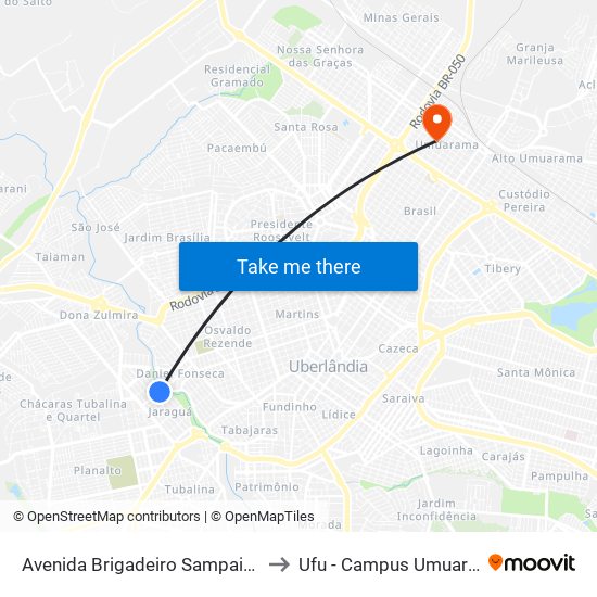 Avenida Brigadeiro Sampaio 323 to Ufu - Campus Umuarama map