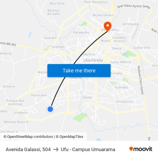 Avenida Galassi, 504 to Ufu - Campus Umuarama map
