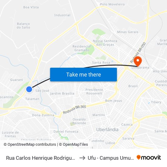 Rua Carlos Henrique Rodrigues Nunes, to Ufu - Campus Umuarama map