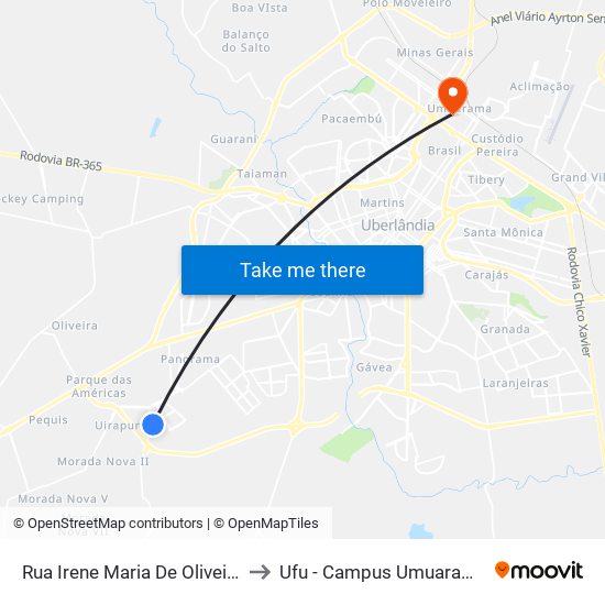 Rua Irene Maria De Oliveira to Ufu - Campus Umuarama map