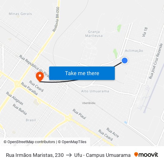 Rua Irmãos Maristas, 230 to Ufu - Campus Umuarama map