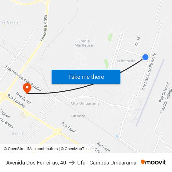 Avenida Dos Ferreiras, 40 to Ufu - Campus Umuarama map