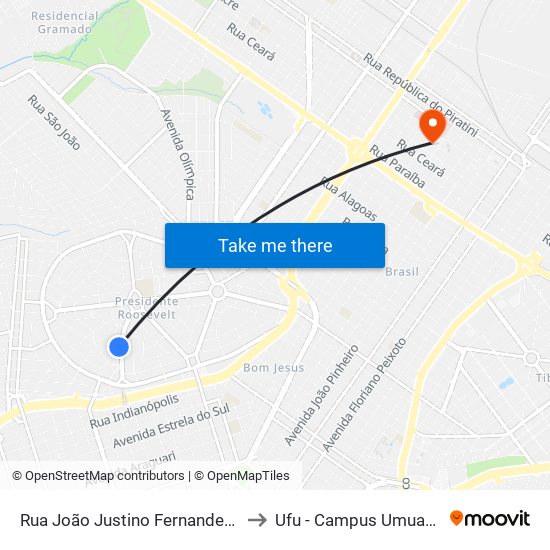 Rua João Justino Fernandes, 676 to Ufu - Campus Umuarama map