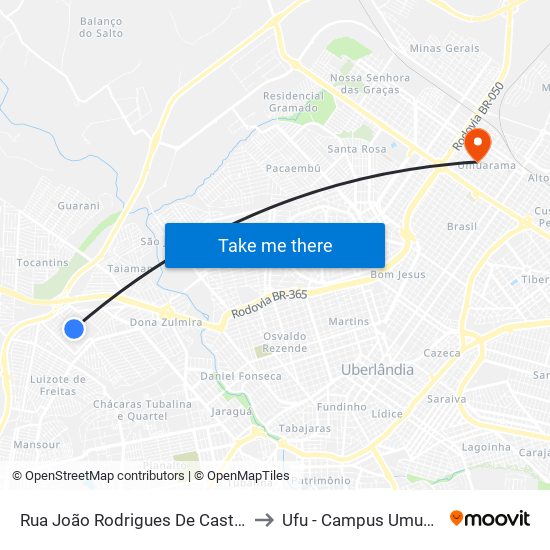 Rua João Rodrigues De Castro, 280 to Ufu - Campus Umuarama map