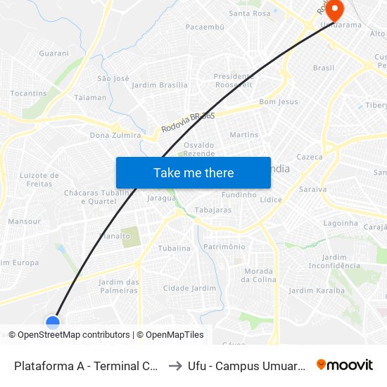 Plataforma A -  Terminal Canaã to Ufu - Campus Umuarama map