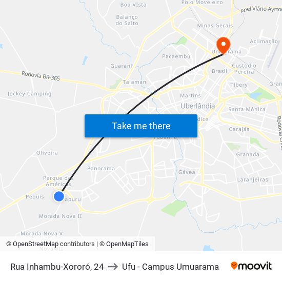 Rua Inhambu-Xororó, 24 to Ufu - Campus Umuarama map