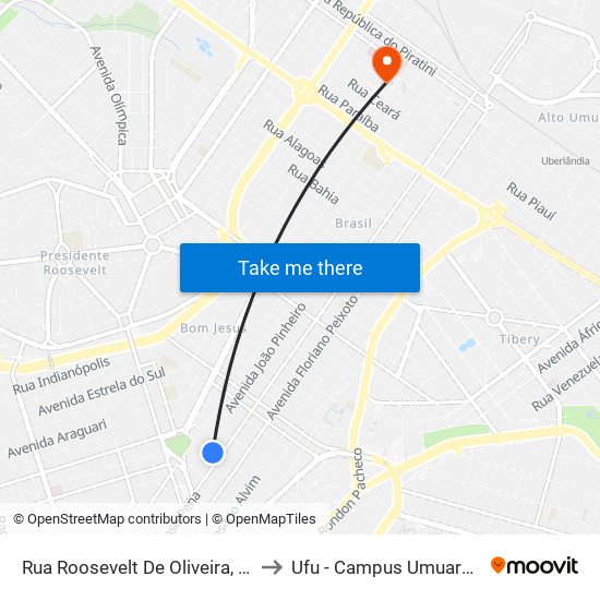 Rua Roosevelt De Oliveira, 305 to Ufu - Campus Umuarama map