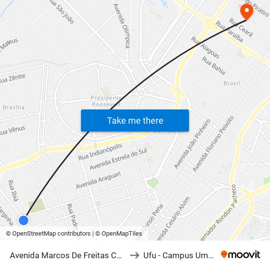 Avenida Marcos De Freitas Costa, 1055 to Ufu - Campus Umuarama map