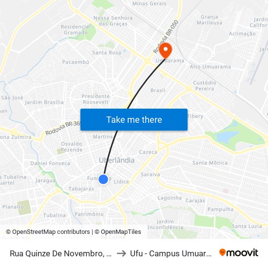 Rua Quinze De Novembro, 205 to Ufu - Campus Umuarama map