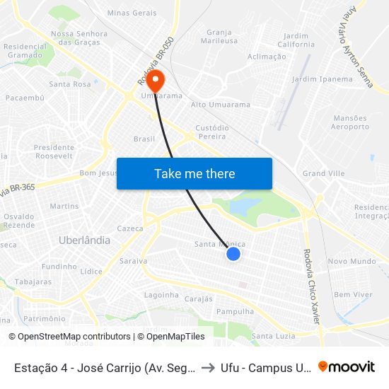 Estação 4 - José Carrijo (Av. Segismundo Pereira) to Ufu - Campus Umuarama map