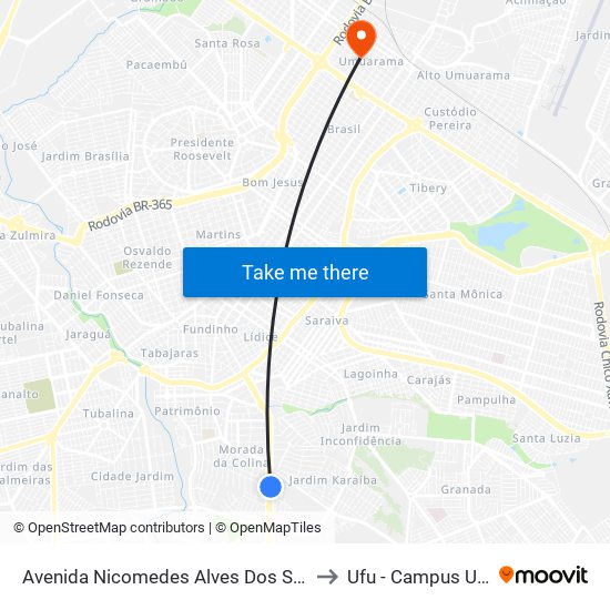 Avenida Nicomedes Alves Dos Santos, 2867-2935 to Ufu - Campus Umuarama map