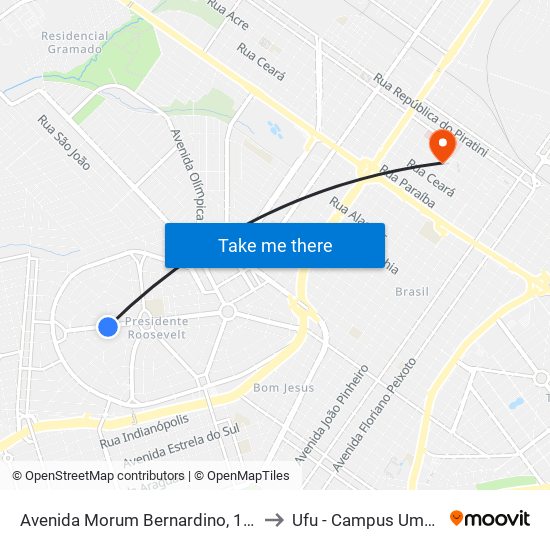 Avenida Morum Bernardino, 1021-1023 to Ufu - Campus Umuarama map