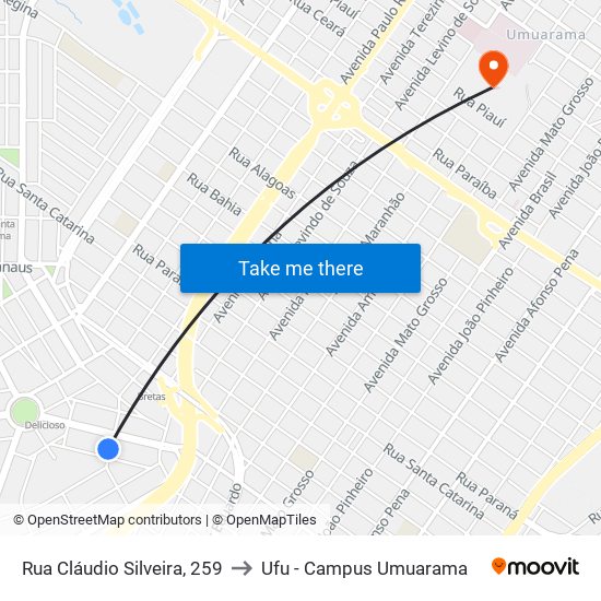 Rua Cláudio Silveira, 259 to Ufu - Campus Umuarama map