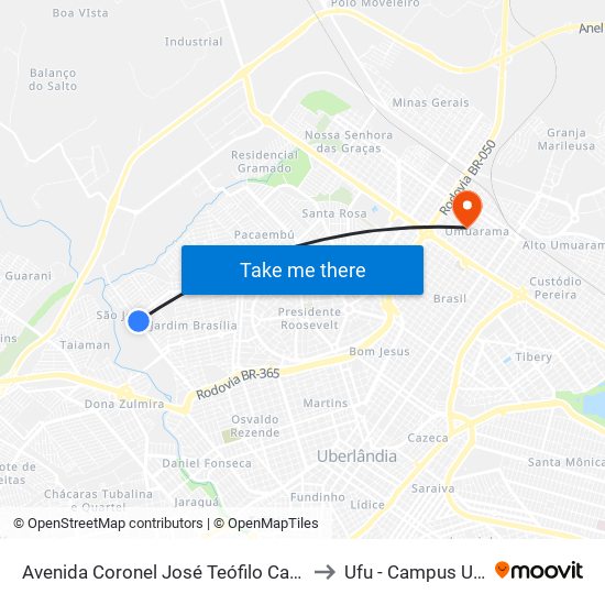 Avenida Coronel José Teófilo Carneiro, 1364-1482 to Ufu - Campus Umuarama map