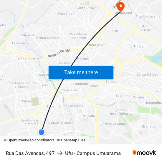 Rua Das Avencas, 497 to Ufu - Campus Umuarama map