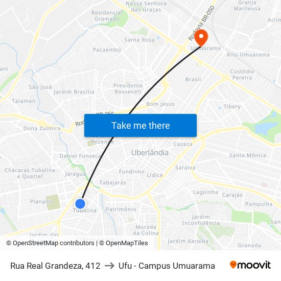 Rua Real Grandeza, 412 to Ufu - Campus Umuarama map