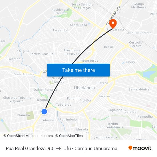 Rua Real Grandeza, 90 to Ufu - Campus Umuarama map