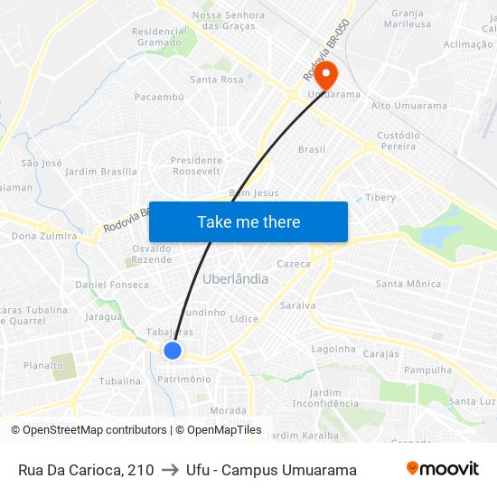 Rua Da Carioca, 210 to Ufu - Campus Umuarama map