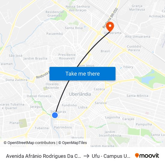 Avenida Afrânio Rodrigues Da Cunha, 750-772 to Ufu - Campus Umuarama map