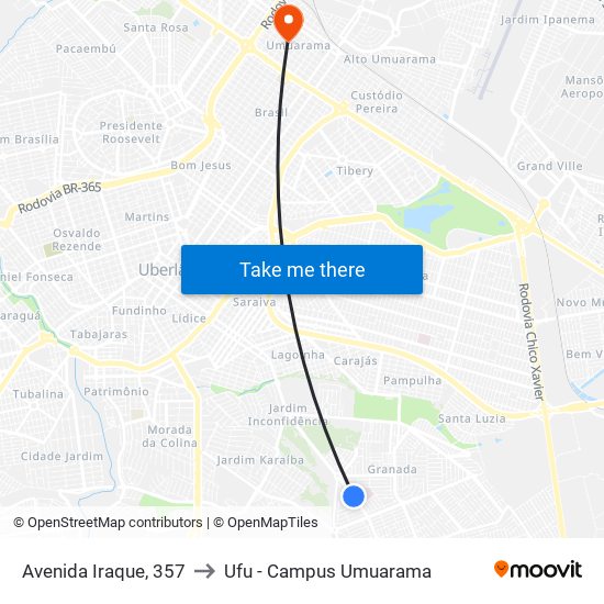 Avenida Iraque, 357 to Ufu - Campus Umuarama map