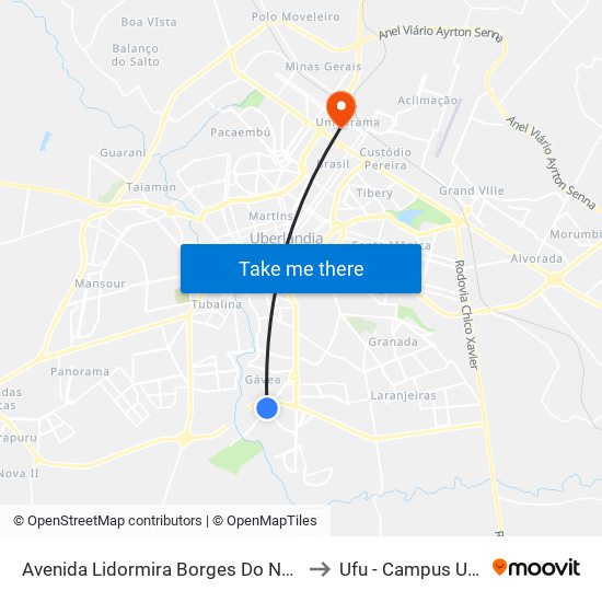 Avenida Lidormira Borges Do Nascimento, 6205 to Ufu - Campus Umuarama map