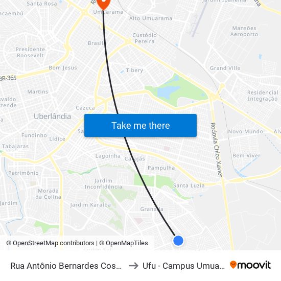 Rua Antônio Bernardes Costa, 266 to Ufu - Campus Umuarama map