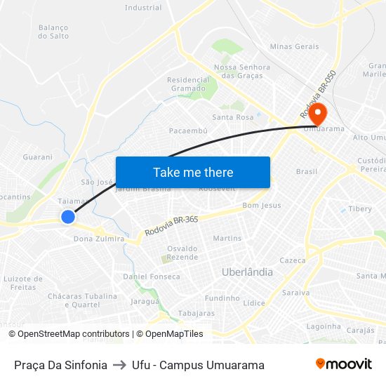 Praça Da Sinfonia to Ufu - Campus Umuarama map