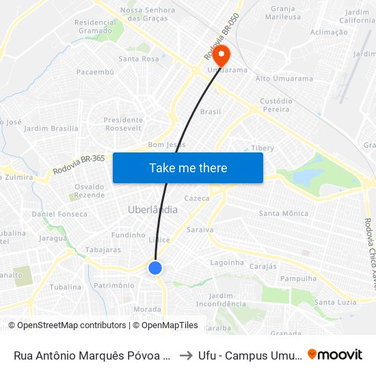 Rua Antônio Marquês Póvoa Júnior, 54 to Ufu - Campus Umuarama map