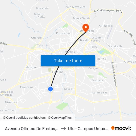 Avenida Olímpio De Freitas, 1118 to Ufu - Campus Umuarama map