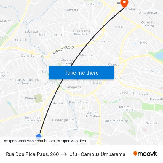 Rua Dos Pica-Paus, 260 to Ufu - Campus Umuarama map