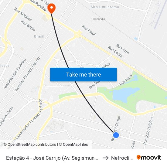 Estação 4 - José Carrijo (Av. Segismundo Pereira) to Nefroclínica map